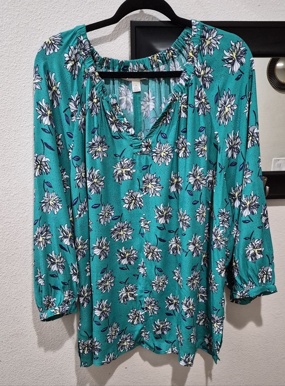 Sejour Teal Floral Peasant Blouse Rayon Boho Size 2X NWOT